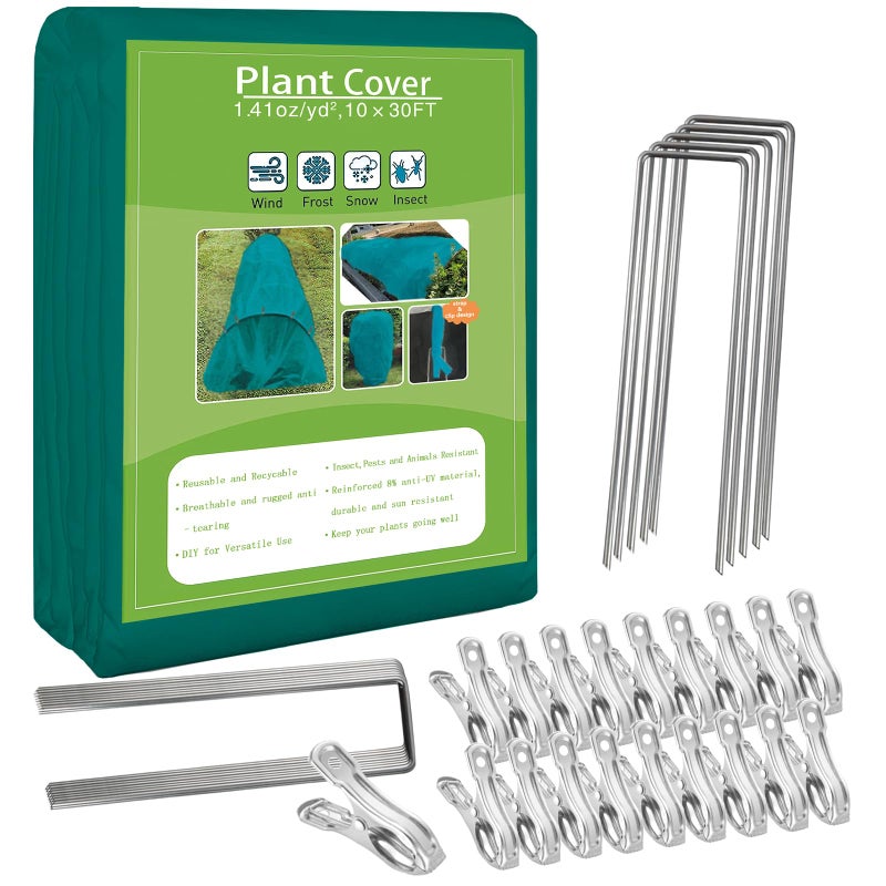 kockuu Plant Covers Freeze Protection, 10ft x 30ft 1.41 oz/ydÂ² Frost Cloth Plant Blankets Floating Row Covers with 20 Stainless Steel Clips for Winter Plants Gardens Frost/Sun Pests Protection, Dark Green - Image 1