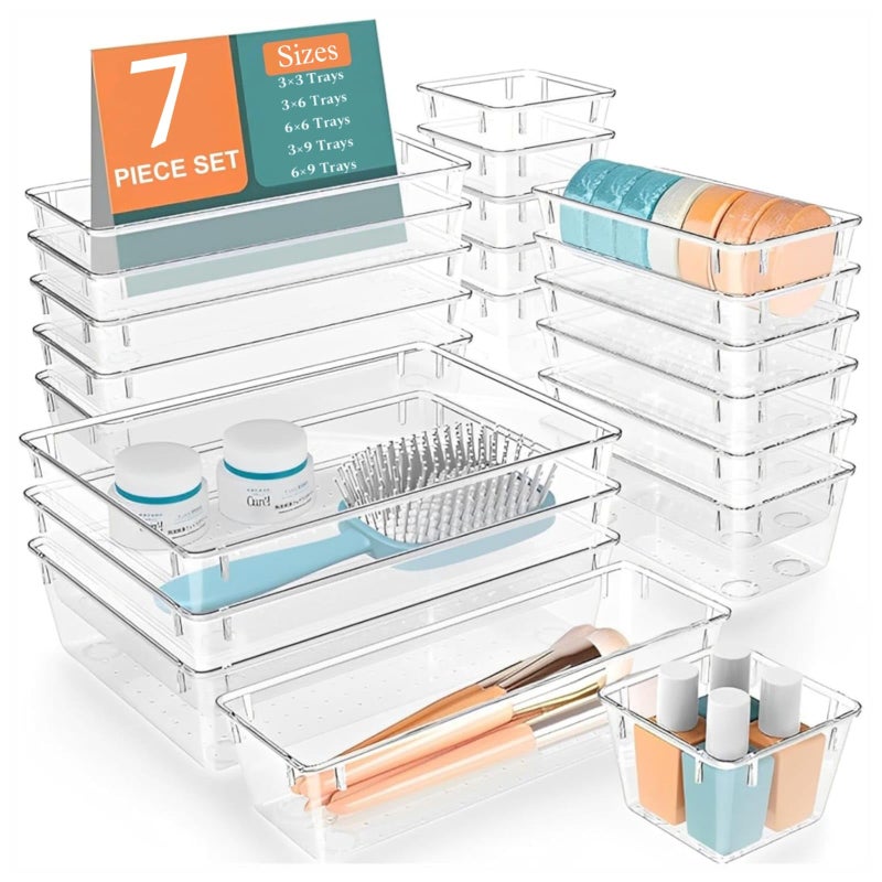 7-Piece Clear Plastic Drawer Organizer Set, Multi-Purpose Modular Storage Bins, Versatile Trays for Cosmetics, Kitchen Gadgets, Jewelry, and Office Supplies
