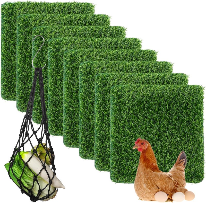 8 Pcs Fake Turf Beddings for Chicken Coops, 12X12 in, Washable Artificial Grass Mats with Feeding String Bag, Reusable Nesting Box Pads, Indoor & Outdoor Green Rugs - Image 1