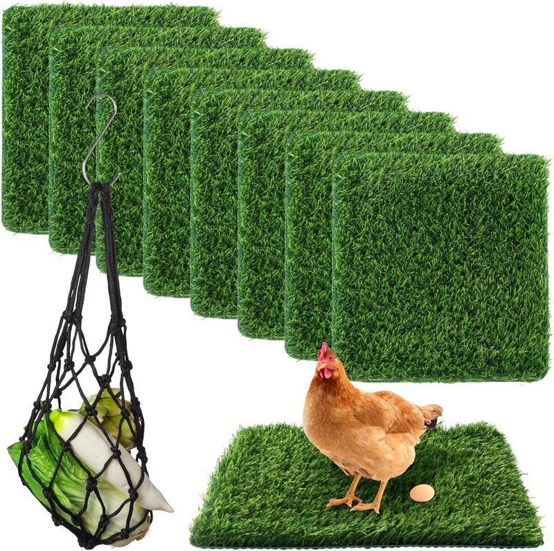 8 Pcs Fake Turf Beddings for Chicken Coops, 12X12 in, Washable Artificial Grass Mats with Feeding String Bag, Reusable Nesting Box Pads, Indoor & Outdoor Green Rugs - Image 5