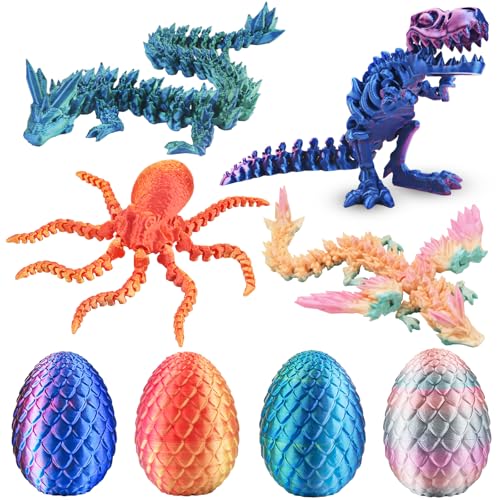 BUUFAN 4PCS 3D Printed Dragon Octopuses with Egg Easter Basket Stuffers Easter Egg 3D Printed Animals Toy Set - Image 1