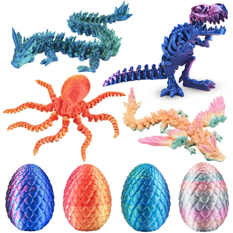 BUUFAN 4PCS 3D Printed Dragon Octopuses with Egg Easter Basket Stuffers Easter Egg 3D Printed Animals Toy Set - Image 3