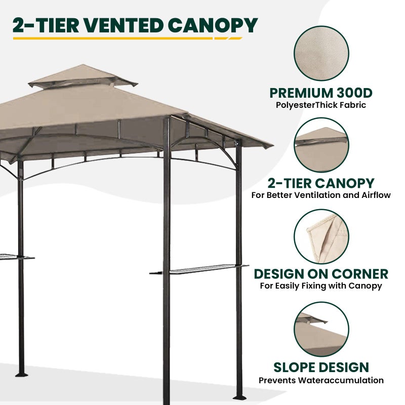 OLILAWN Grill Gazebo Replacement Canopy Roof, 5' x 8' Outdoor BBQ Gazebo Canopy Top Cover, Double Tired Grill Shelter Cover with Durable Polyester Fabric, Only Fit for Model L-GG001PST-F, Khaki - Image 2
