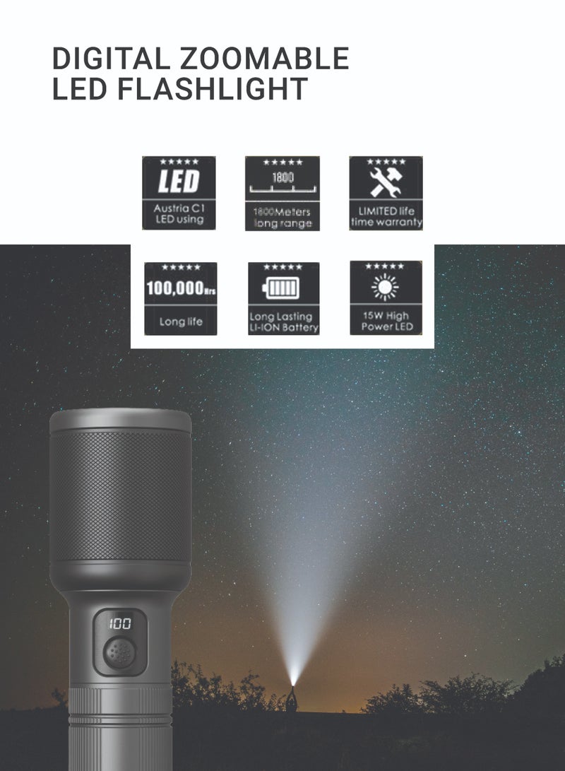 فليكسي مصباح يدوي LED رقمي قابل للتكبير والتصغير - طاقة عالية 60 وات، 2200 لومن، مدى 1800 متر، قابل لإعادة الشحن من النوع C، بطارية ليثيوم أيون 5000 مللي أمبير في الساعة، وضع SOS، ضمان لمدة 4 سنوات. - Image 2