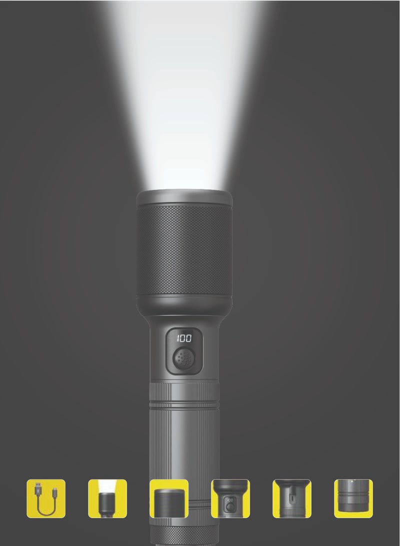 فليكسي مصباح يدوي LED رقمي قابل للتكبير والتصغير - طاقة عالية 60 وات، 2200 لومن، مدى 1800 متر، قابل لإعادة الشحن من النوع C، بطارية ليثيوم أيون 5000 مللي أمبير في الساعة، وضع SOS، ضمان لمدة 4 سنوات. - Image 5