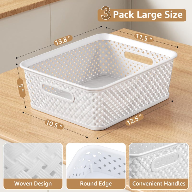 MaxGear Organization and Storage 3 Packs, Plastic Bins Organizer Bins, Woven Baskets for Storage, Plastic Baskets with Handles, White Basket for Organizing, Basket Organizer for Home and Office, Large - Image 3