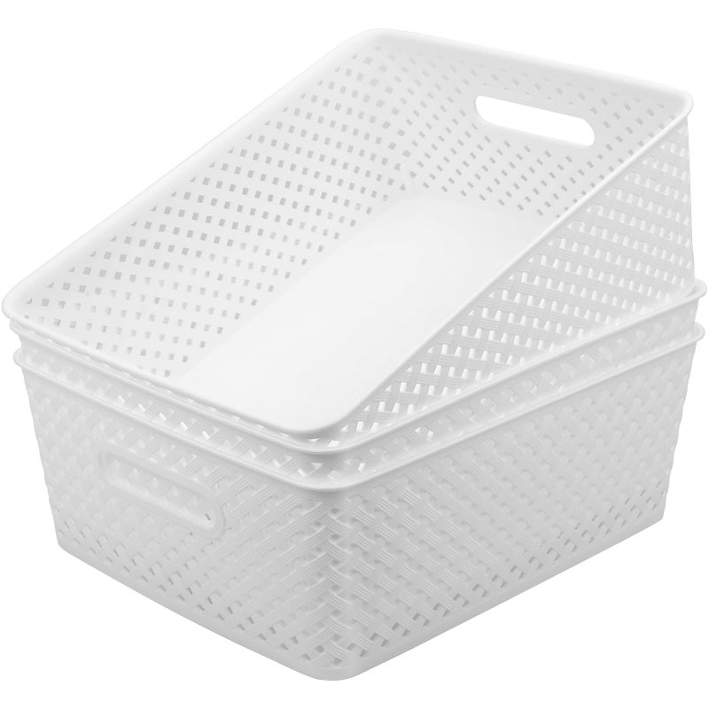 MaxGear Organization and Storage 3 Packs, Plastic Bins Organizer Bins, Woven Baskets for Storage, Plastic Baskets with Handles, White Basket for Organizing, Basket Organizer for Home and Office, Large - Image 1