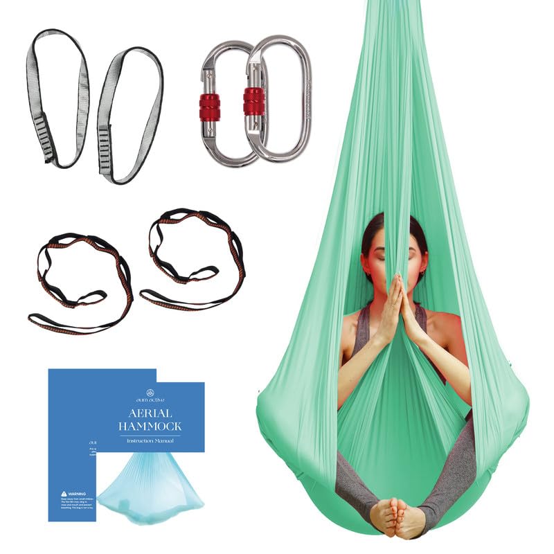 Aum Active Aerial Silk Yoga Hammock Swing for Home Inversion Exercises Starter Kit for All Levels Durable with Extension Straps Carabiners and Pose Guide