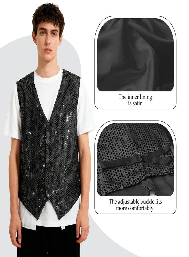 Carnavalife Men’s Sequin Vest V-Neck Sparkly Waistcoat for Disco Party, Halloween, Stage or Prom (Black, S) - Image 2