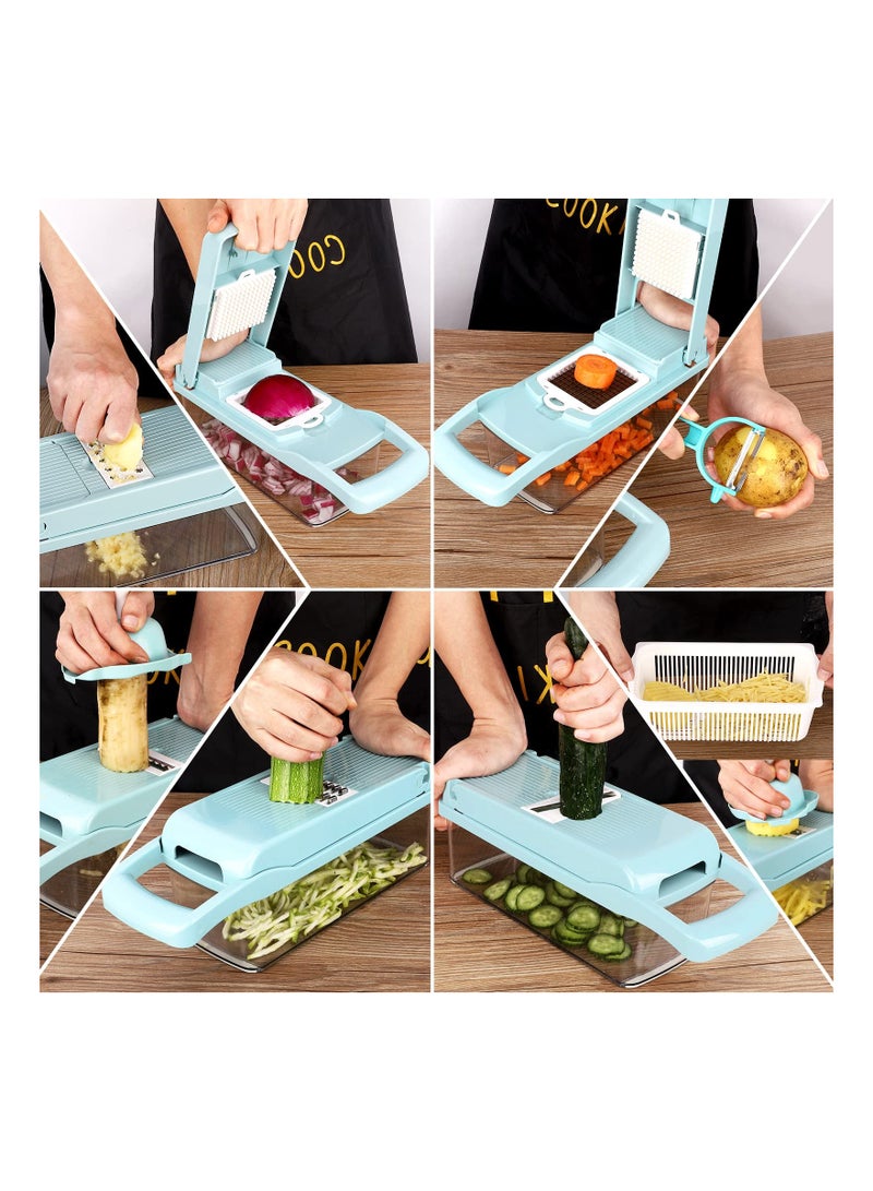 SOLARAE 14-in-1 Vegetable Chopper and Mandoline Slicer - Multifunctional Manual Grater and Cutter for Onions, Garlic, Carrots, Potatoes, Fruits, and Salads - Ideal Kitchen Tool in Blue. - Image 3