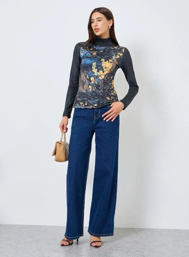 Take Two Graphic Print High Neck Long Sleeve Top