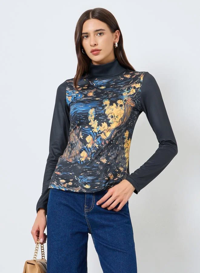 Take Two Graphic Print High Neck Long Sleeve Top