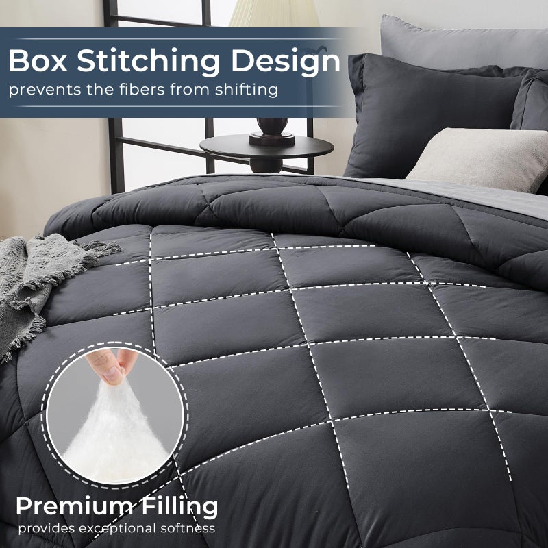 HEVUMYI King Comforter Set - 7-Piece All Season Bed in a Bag King, Ultra Soft Bedding Set with Comforter, Flat Sheet, Fitted Sheet, Pillowcases, Pillow Shams, Dark Grey & Light Grey - Image 4