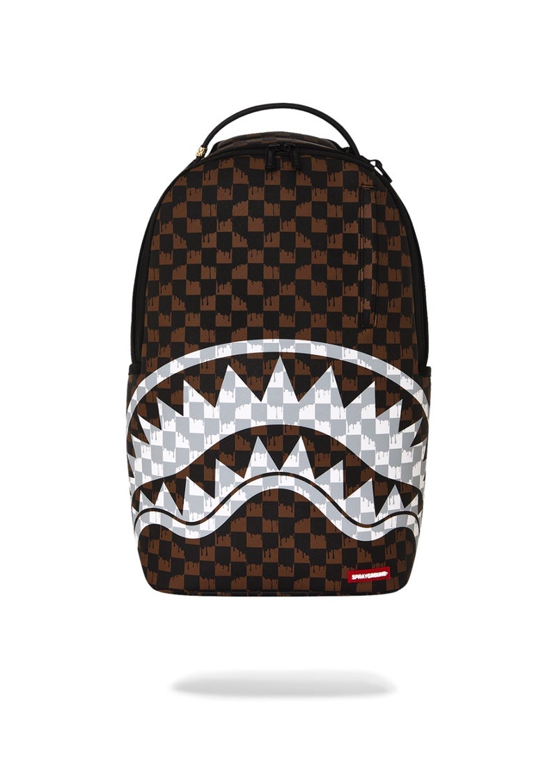 SPRAYGROUND BROWN AND CREAM DRIP CHECK SHARK DLXSV BACKPACK - Image 1