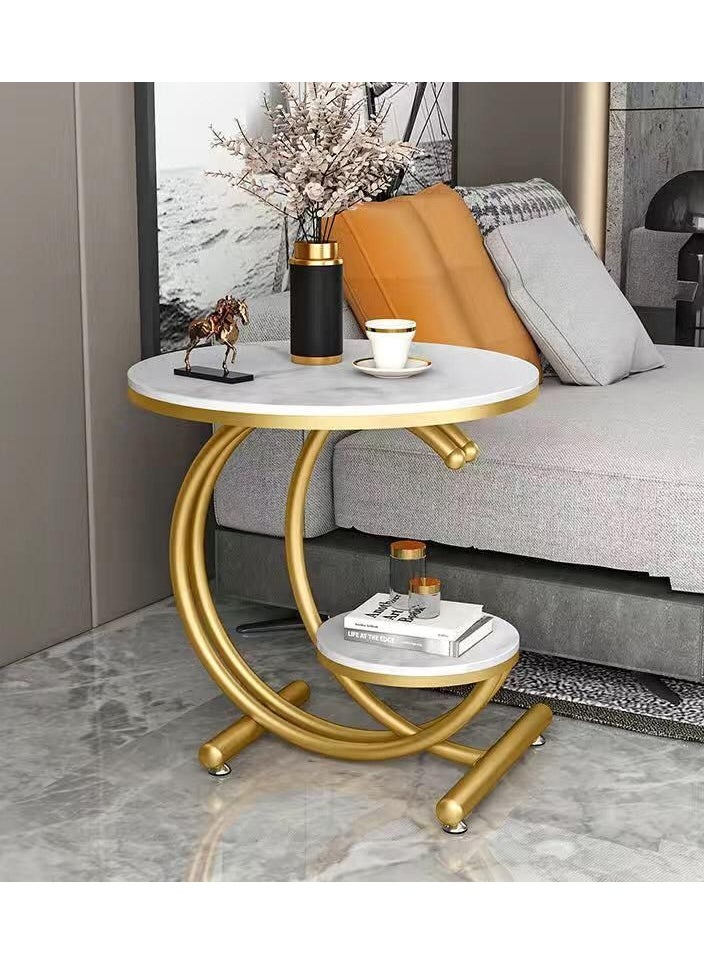 DubaiGallery Sofa Side Table, Light Luxury End Table Rock Board Corner Table Creativity Small Round Table Open Double-Layer Design Coffee Table Modern Living Room Side Cabinet Bedside Table  - Image 2