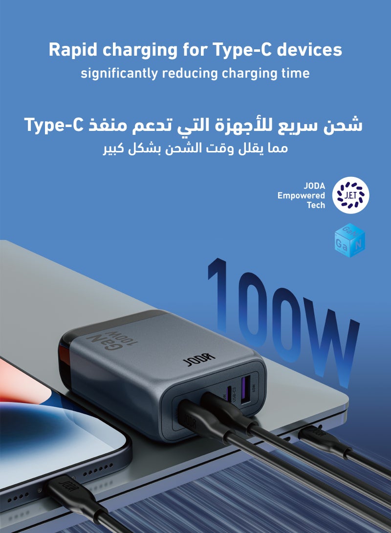 JODA Voltix 100W GaN Fast Desktop Charger – 4-Port USB Hub for Quick Charging ⚡ | Universal Fast Charger for Phones, Laptops, Tablets, and More 🔌📱💻 | GaN Technology for Efficient Power Delivery - Image 2
