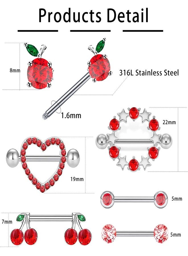 Suotarn 14G INNINipple Rings for Women 316L Stainless Steel Heart Cherry,Star Butterfly Nipple Barbell CZ Cute Nipple Rings Set Nipplerings Piercing Jewelry - Image 2