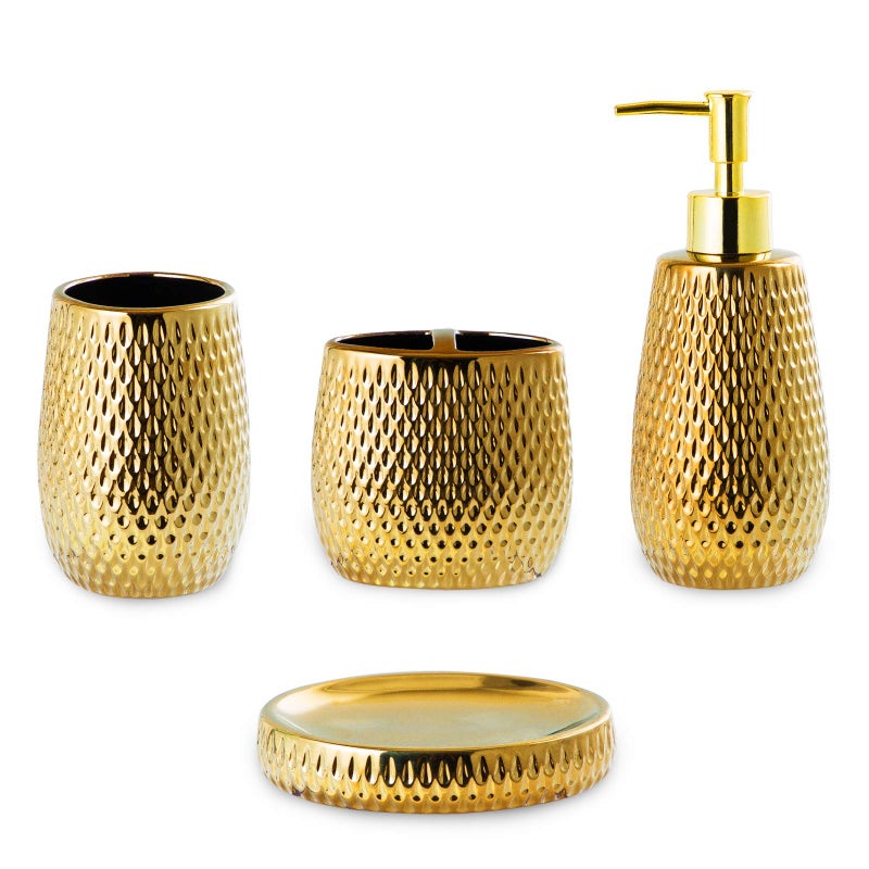 Gold Bathroom Accessory Set 4 Piece Ceramic Bath Accessories Sets Complete Rain Drop Shaped Bathroom Essential with Toothbrush Holder  Dish Tumbler Soap Dispenser Set for Bath Decor