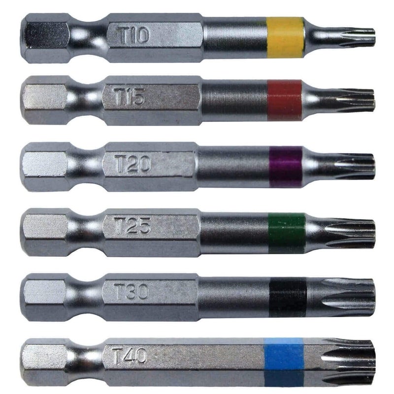 Torx/Star Drive 6 Piece Bit Set 2" Quick Change Shank (Color Coded) Includes T-10, T-15, T-20, T-25, T-30, T-40 Torx/Star Screw Driver Bits