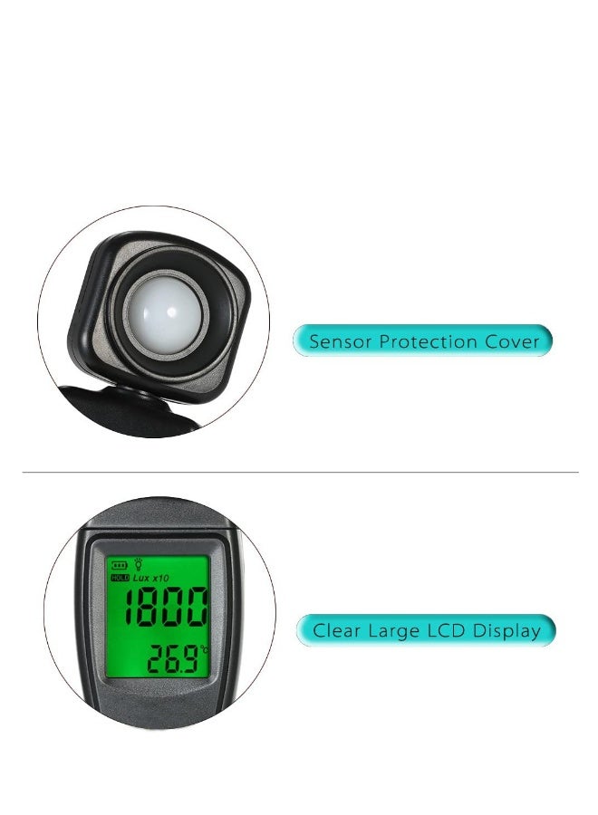 Mini Digital Lux Meter, Professional LED Light Meter, LCD Display Handheld Illuminometer Luminometer, Photometer Luxmeter Light Meter, with 0-200,000 Measuring Ranges and Rotatable Detector - Image 5