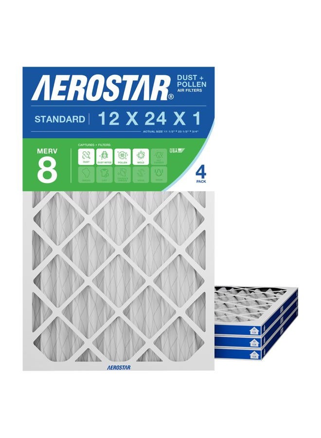 Aerostar Clean House 12x24x1 MERV 8 Pleated Air Filter Made in the USA Actual Size 11 3/4"x21 3/4"x3/4" 4 Pack - Image 1