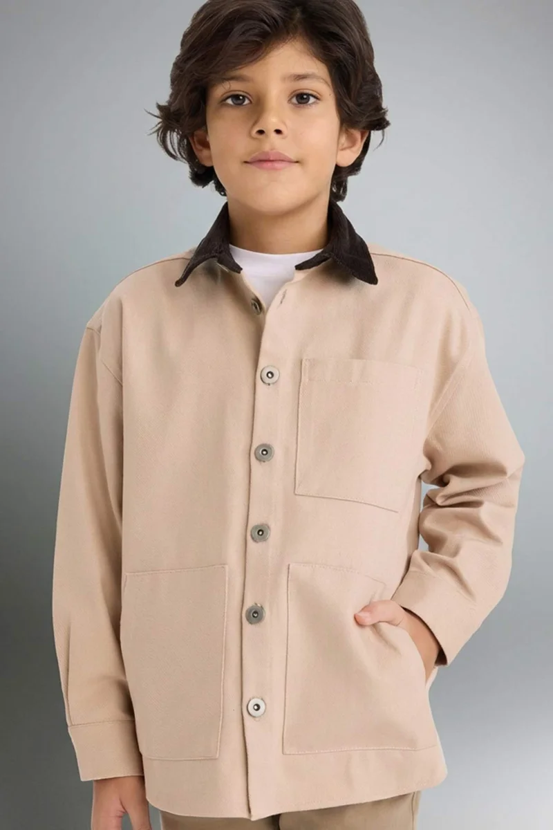 ديفاكتو Boy Contrast Shirt Collar Gabardine Shirt Jacket