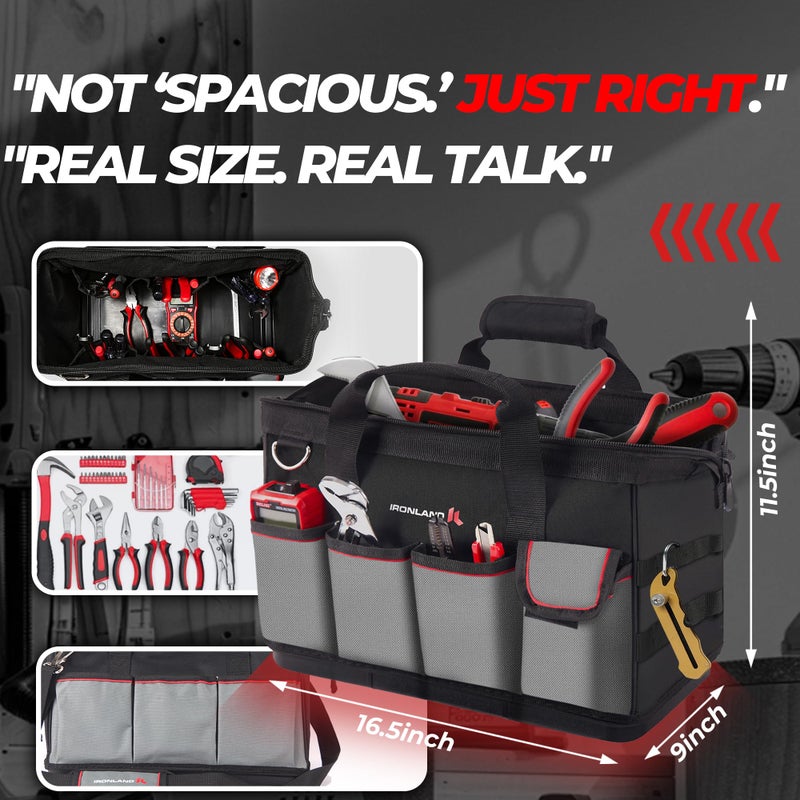 IRONLAND Hard & Sturdy Bottom Tool Bag Organizer 16.5 Inch for Men, Waterproof Heavy Duty Tool Bag with Soft Handle Large Zipper, Ideal for Mechanics Electrician Handyman Hvac, Great Gift for Dad - Image 2
