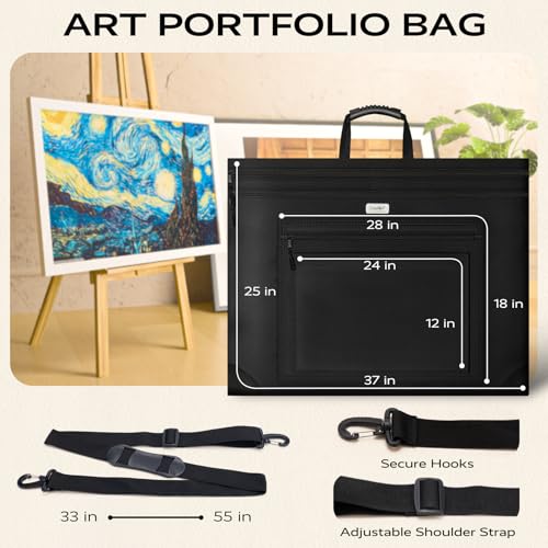 JusArt Art Portfolio Bag, 24x36 Light Weight Portfolio Folder Case with Adjustable Shoulder Strap, Leather Corners, Waterproof Art Bag for Artists and Students for Artwork, Poster, Sketching, Drawing - Image 2