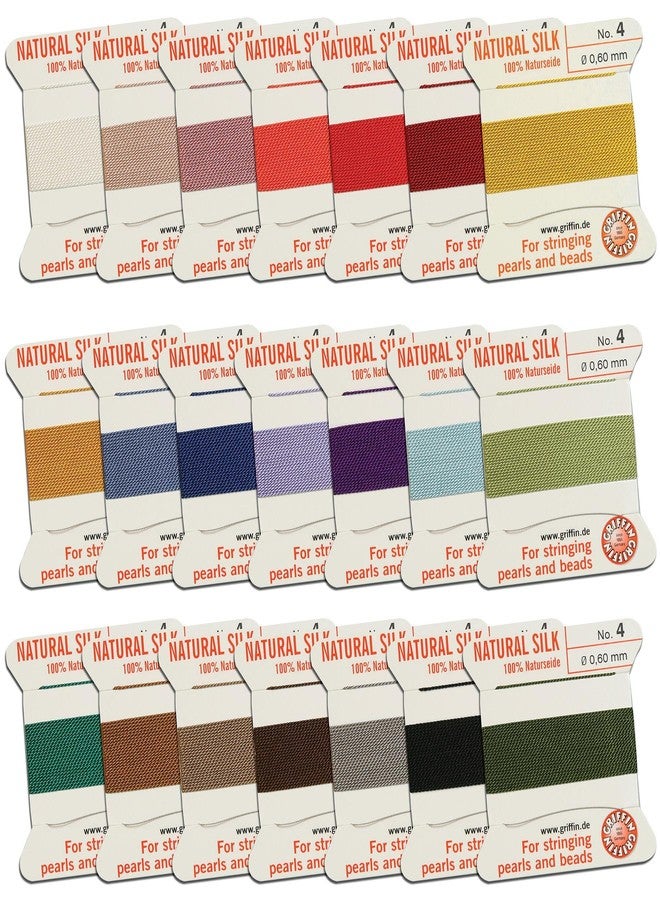 Griffin Silk Bead Cord Perlseide - Size 4 (0.60mm) 21 Color Sampler - 2 Meters per Card - Stainless Steel Needle Attached - for Knotting Pearls, Gemstones, Crystals and Beads - Image 1