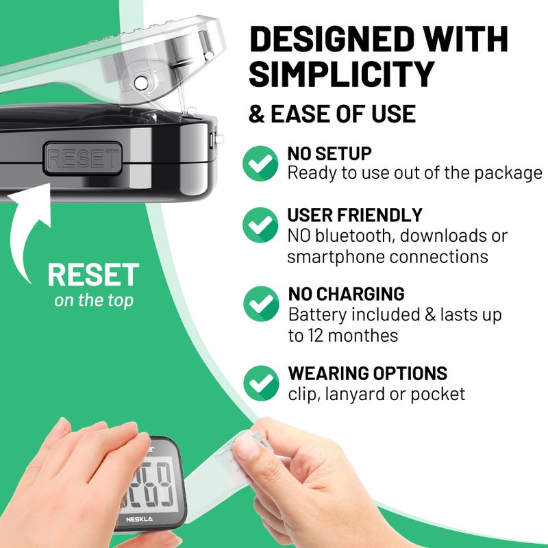NESKLA 3D Pedometer for Walking, Simple Step Counter with Large Digital Display, Step Tracker with Removable Clip Lanyard, Accurately Track Steps for Men Women Kids Adults Seniors - Image 3