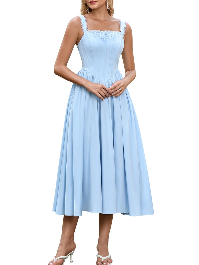 EYNMIN Floral Corset Midi Wedding Guest Dresses for Women 2026 Spring Summer Milkmaid Dress Lace Up Flowy A Line Sundress Blue - Image 1