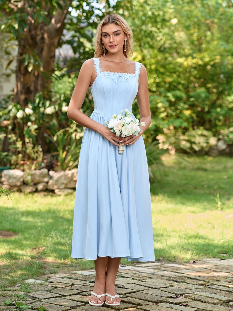 EYNMIN Floral Corset Midi Wedding Guest Dresses for Women 2026 Spring Summer Milkmaid Dress Lace Up Flowy A Line Sundress Blue - Image 5