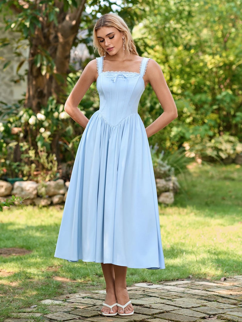 EYNMIN Floral Corset Midi Wedding Guest Dresses for Women 2026 Spring Summer Milkmaid Dress Lace Up Flowy A Line Sundress Blue - Image 4