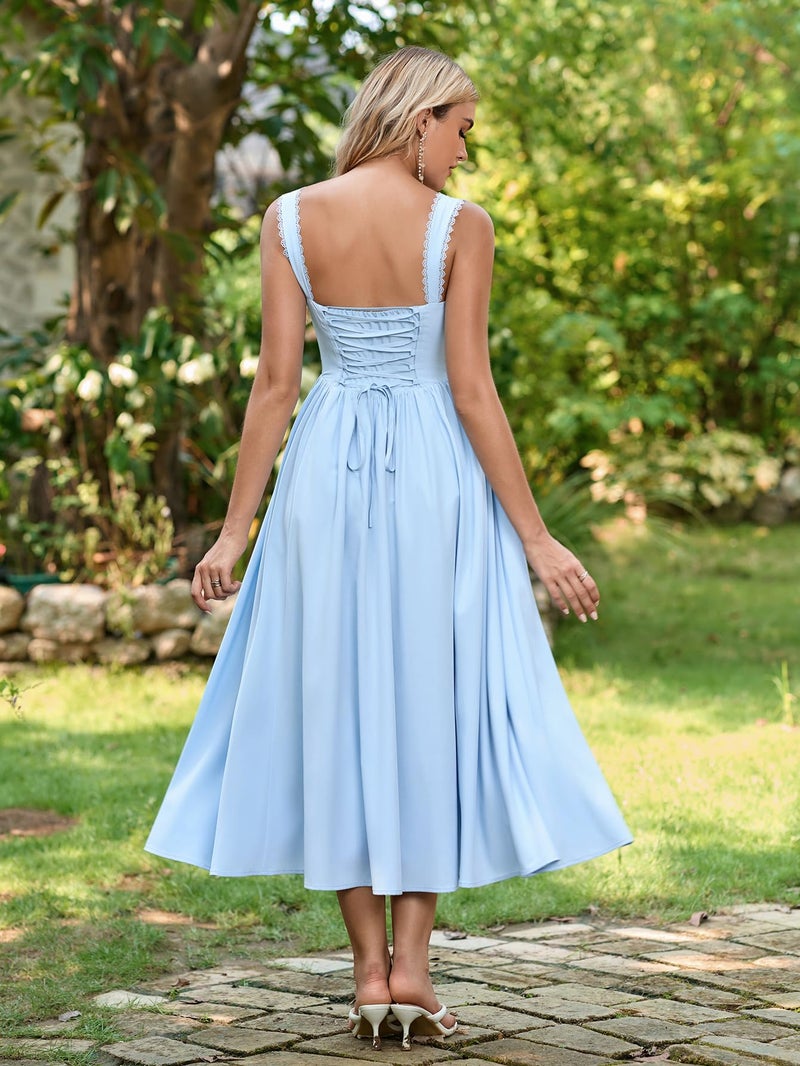 EYNMIN Floral Corset Midi Wedding Guest Dresses for Women 2026 Spring Summer Milkmaid Dress Lace Up Flowy A Line Sundress Blue - Image 3
