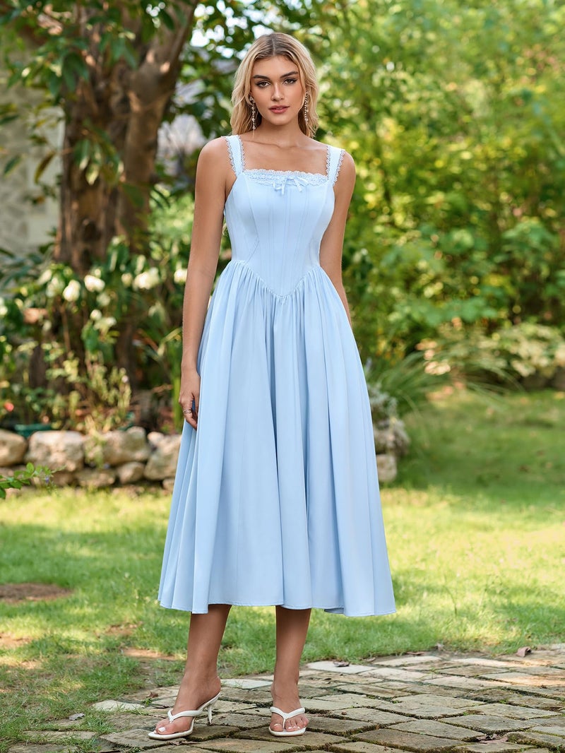 EYNMIN Floral Corset Midi Wedding Guest Dresses for Women 2026 Spring Summer Milkmaid Dress Lace Up Flowy A Line Sundress Blue - Image 2