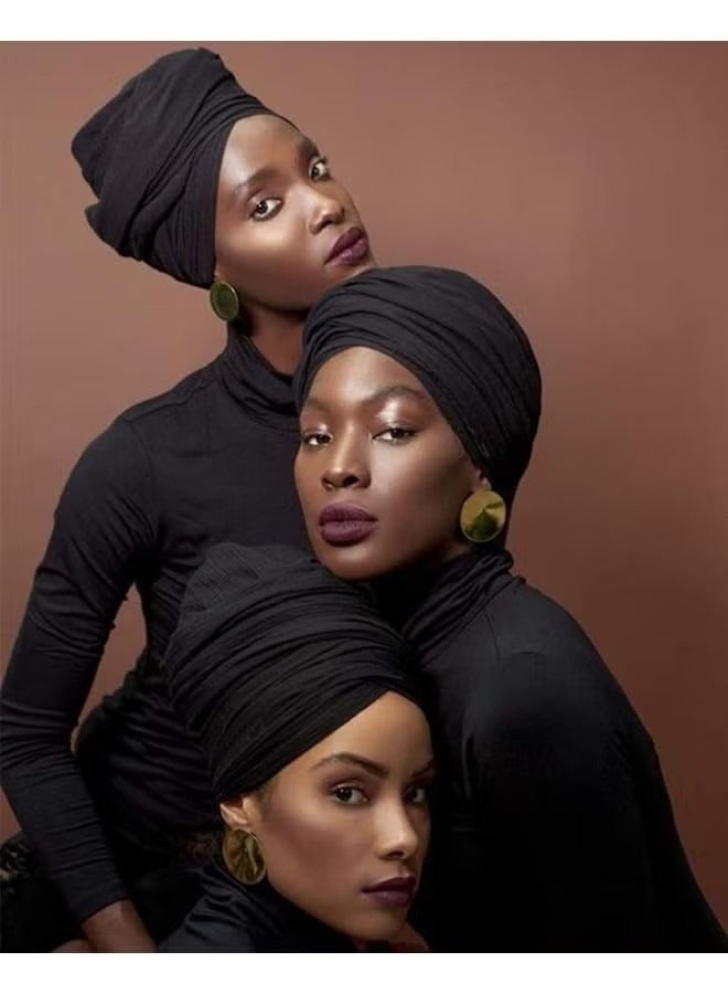Black Hair Wrap For Women Long Stretch Jersey Head Scarf Summer Breathable Lightweight Turban Solid Color  - Image 5