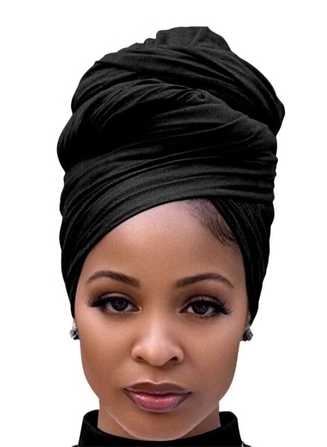Black Hair Wrap For Women Long Stretch Jersey Head Scarf Summer Breathable Lightweight Turban Solid Color  - Image 2