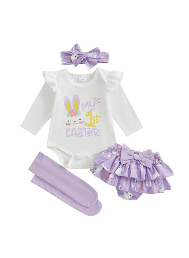 mlpeerw Baby Girl Easter Outfit My First Easter Romper Bunny Ruffle Skirt Dress Headband Set Newborn Cute Spring Clothes, My 1st Easter-ivory, 0-3 Months - Image 1