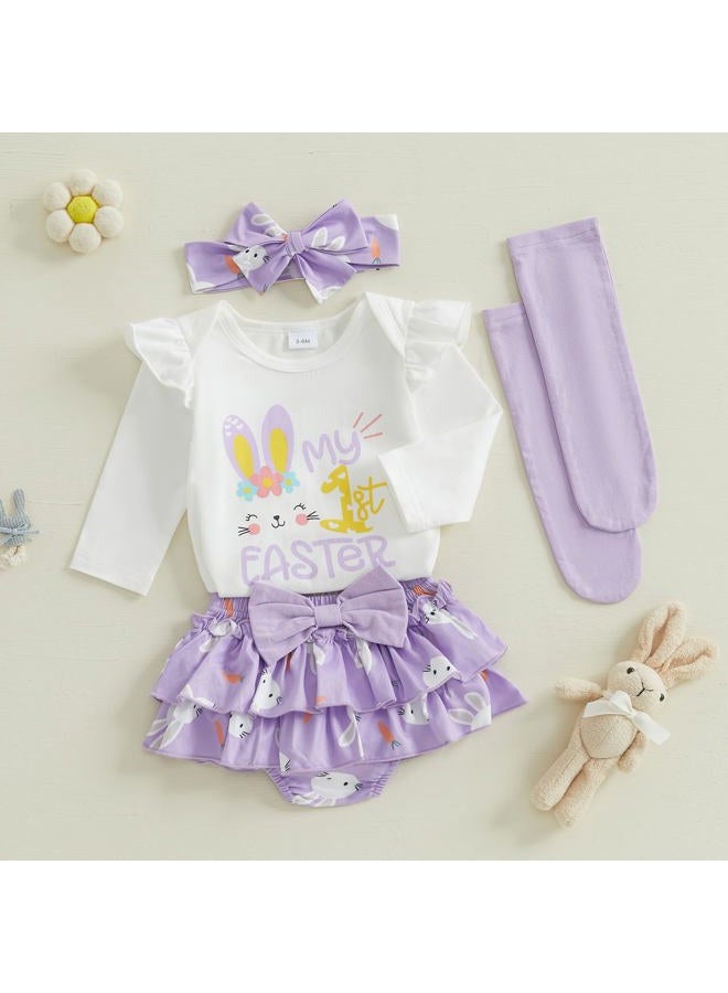 mlpeerw Baby Girl Easter Outfit My First Easter Romper Bunny Ruffle Skirt Dress Headband Set Newborn Cute Spring Clothes, My 1st Easter-ivory, 0-3 Months - Image 2