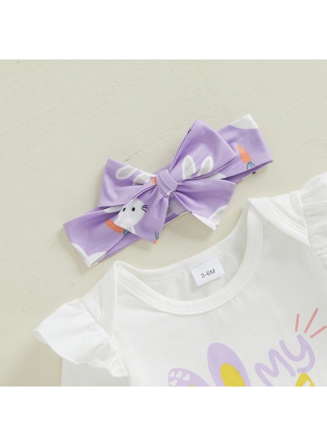 mlpeerw Baby Girl Easter Outfit My First Easter Romper Bunny Ruffle Skirt Dress Headband Set Newborn Cute Spring Clothes, My 1st Easter-ivory, 0-3 Months - Image 3