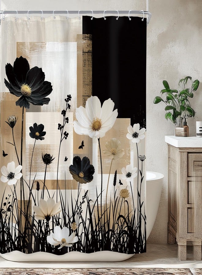 Newsely Abstract Modern Flower Shower Curtain 60Wx72L Inch Floral Black Tan Contemporary Minimalist Brushstroke Plant Bathroom Set Botanical Waterproof Bath Decoration Accessories Home Decor - Image 1