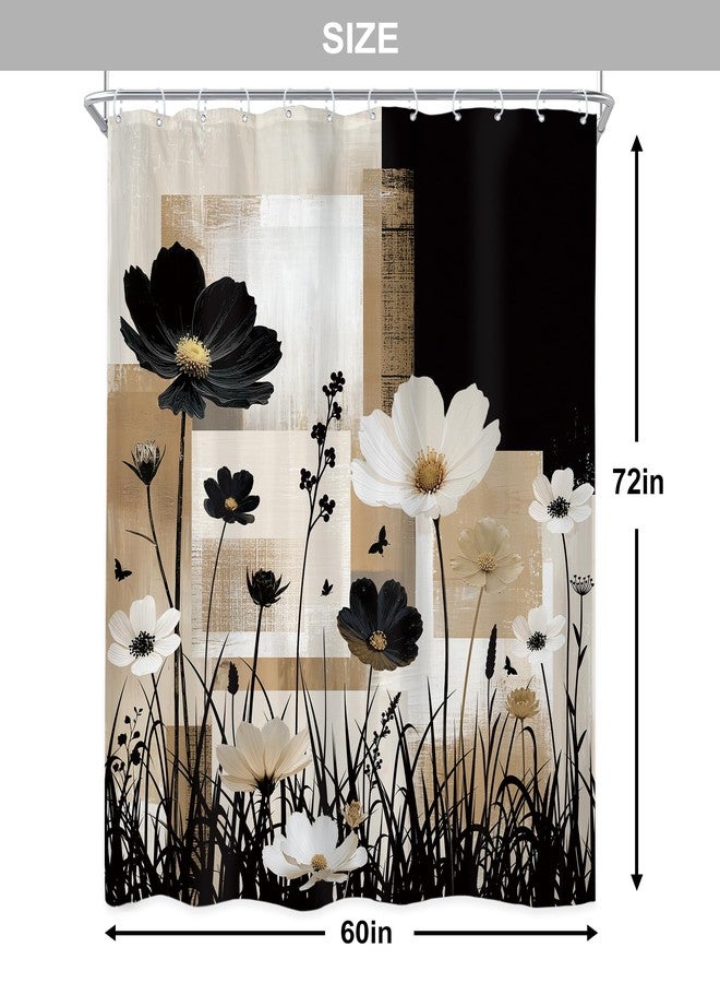 Newsely Abstract Modern Flower Shower Curtain 60Wx72L Inch Floral Black Tan Contemporary Minimalist Brushstroke Plant Bathroom Set Botanical Waterproof Bath Decoration Accessories Home Decor - Image 5
