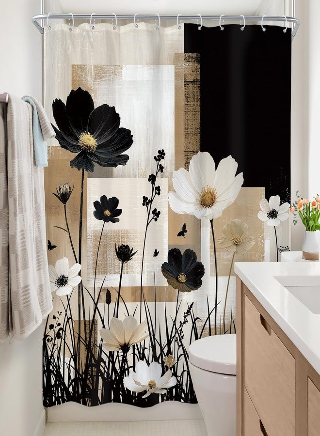 Newsely Abstract Modern Flower Shower Curtain 60Wx72L Inch Floral Black Tan Contemporary Minimalist Brushstroke Plant Bathroom Set Botanical Waterproof Bath Decoration Accessories Home Decor - Image 4