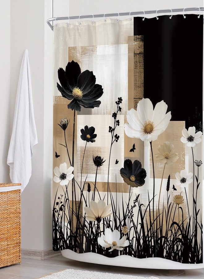 Newsely Abstract Modern Flower Shower Curtain 60Wx72L Inch Floral Black Tan Contemporary Minimalist Brushstroke Plant Bathroom Set Botanical Waterproof Bath Decoration Accessories Home Decor - Image 3