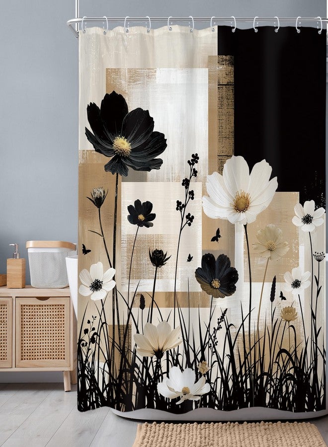 Newsely Abstract Modern Flower Shower Curtain 60Wx72L Inch Floral Black Tan Contemporary Minimalist Brushstroke Plant Bathroom Set Botanical Waterproof Bath Decoration Accessories Home Decor - Image 2