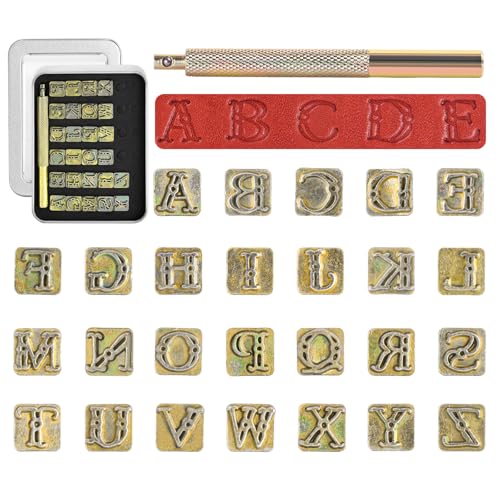 BESTNULE 27pcs Leather Stamps Leather Stamping Kit Leathercraft Stamping Tool Set 26PCS Capital Letter Leather Stamps 95mm 1 Stamping Handle for Leather Craft - Image 1