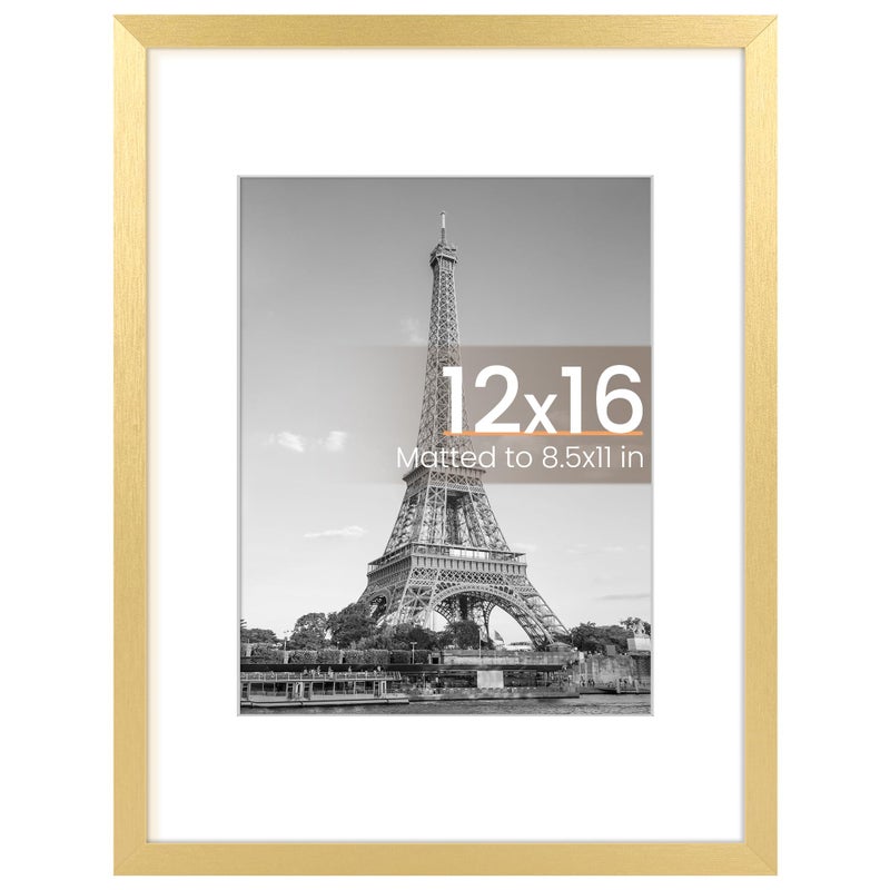 upsimples 12x16 Picture Frame Display Pictures 85x11 with Mat or 12x16 Without Mat Wall Hanging Photo Frame Gold 1 Pack