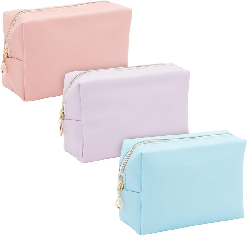 Glamlily 3 Pack Faux Leather Makeup Bag with Zipper, Travel Cosmetic Pouches (3 Pastel Colors)