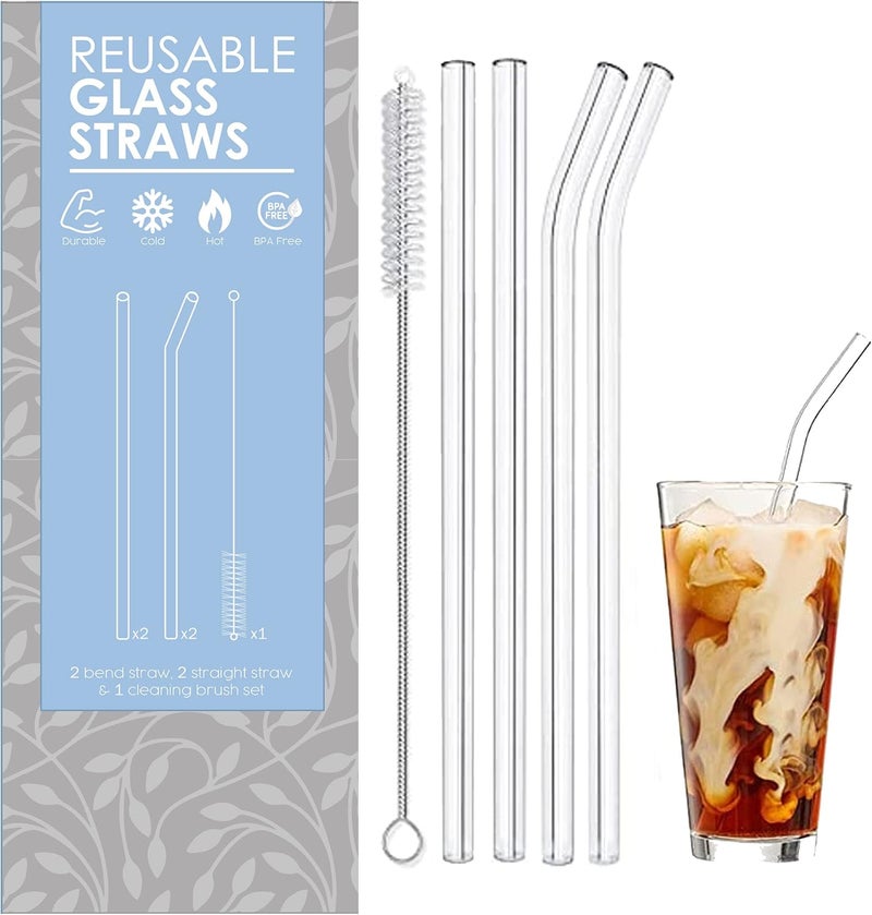 Glass Straw with straw cleaning brush | 4 glass straws transparent & 1 cleaner | Clear Reusable straw glass, elegant alternate to stainless steel straws for drinking juice, smoothi - Image 1