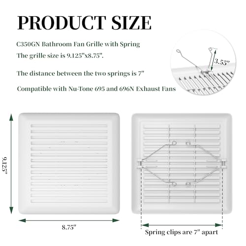 ZAITOE C350GN Bathroom Exhaust Fan Cover Replacement, 8.75" x 9.125" White Vent Grille Cover with Springs S97017068 Compatible with Br-oan-Nu-Tone 695 696N Bathroom Plastic Wall-Mount Ventilation Fans Cover - Image 2